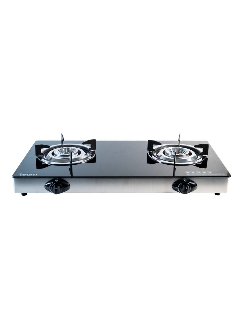 TEAM Double Burner Gas Stove with Tempered Glass Top, Automatic Ignition, Cast Iron Burners & Pan Support – Whirlwind Flame Design for Fast Cooking - Image 1